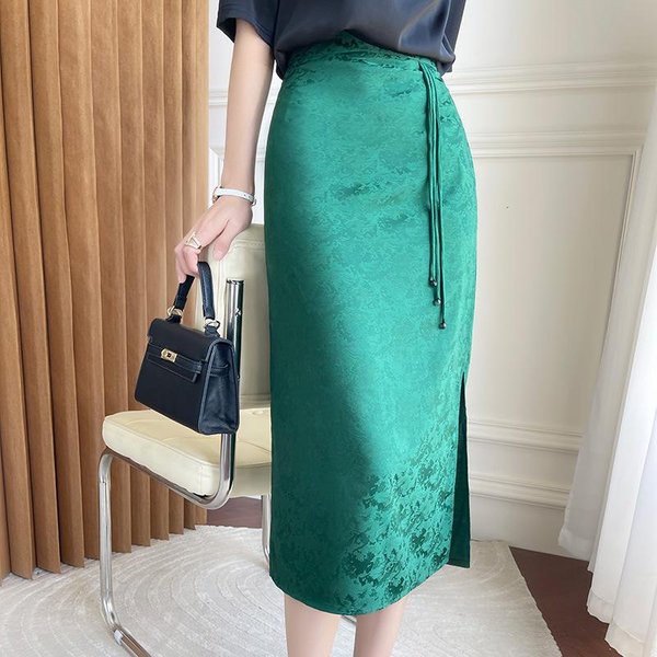 Nueva Falda De SatéN De ÁCido AcéTico De Verano Para Mujer Falda De Un Paso Jacquard Cheongsam De Longitud Media Falda De Cadera Retro Estilo Chino L Blue-image