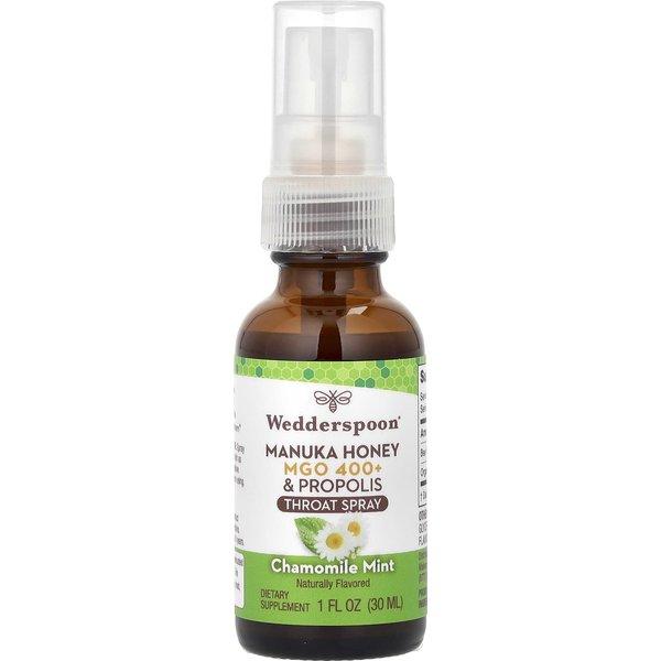 Wedderspoon, Manuka Honey And Propolis, Throat Spray, Chamomile Mint, MGO 400+, 1 Fl Oz (30 Ml) White-image