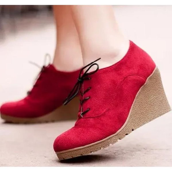 CuñAs De OtoñO Tacones Moda Flock Mujer Plataforma De TacóN Alto CuñAs Zapatos De Tobillo Cordones Tacones Altos Zapatos De CuñA Para Mujer 35 Rojo-image