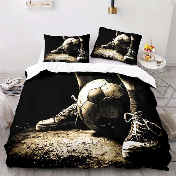 Juego De Funda NóRdica De FúTbol Deporte FúTbol Blanco Negro PoliéSter Funda NóRdica TamañO King Queen Para NiñOs NiñOs NiñAs Adolescentes Juego De Cama AU Double(180X210Cm)-image