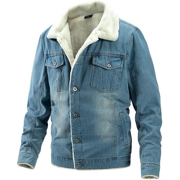 Wiatroszczelna MęSka Jesienno-Zimowa Pogrubiona Modna CiepłA Jeansowa Kurtka Z Aksamitem 2XL Gray-image