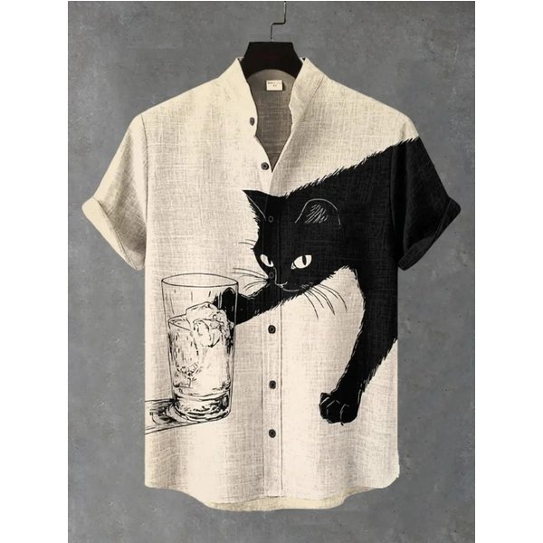 Camisa Retro Japonesa Para Hombre Con Estampado De Gato Negro, Top Casual De Lino De Manga Corta Con Cuello Alto, Camiseta De Vacaciones De Un Solo BotóN 3XL-image