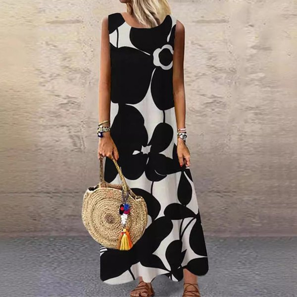 Vestido De Mujer De Mujer Estampado De Cuello Redondo Mediano Y Largo Sin Mangas XL Beige-image
