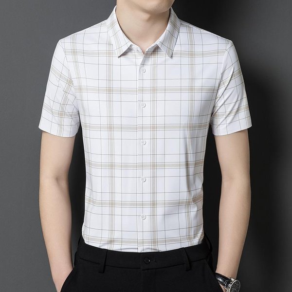 Camisa De Manga Corta De Verano Para Hombres De Mediana Edad, Moda A Cuadros, Fina, Tipo Polo, Camisa Casual 4XL White-image
