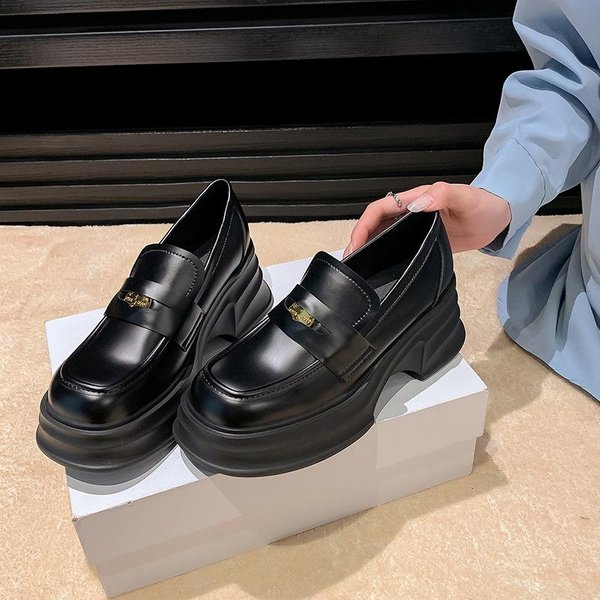 Mocasines De Suela Gruesa Para Mujer, Nuevos Zapatos De Primavera Con TacóN Alto Y Realce De Estilo BritáNico, Zapatos PequeñOs De Cuero 40 Black-image