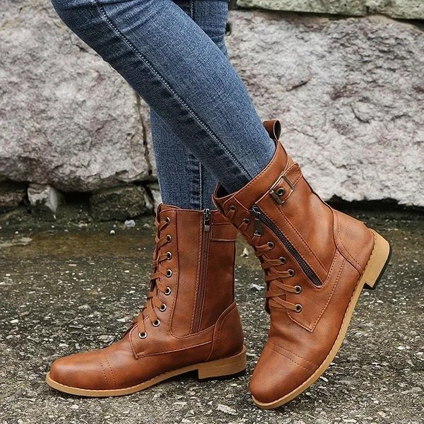 Botines De TacóN Cuadrado Para Mujer OtoñO Invierno Cuero PU Botas Cortas De Trabajo Mujer Talla Grande Con Cordones EláSticas Botas Mujer 2024 40 MarróN Claro-image