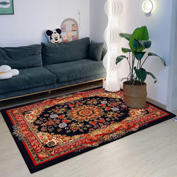 Dywan W Stylu Perskim Do Salonu Dekoracja Domu Retro DużY Dywan MięKki Dywan Do Sypialni AntypośLizgowe Dywaniki Przy łóżKu Zmywalny 60*90Cm Black-image