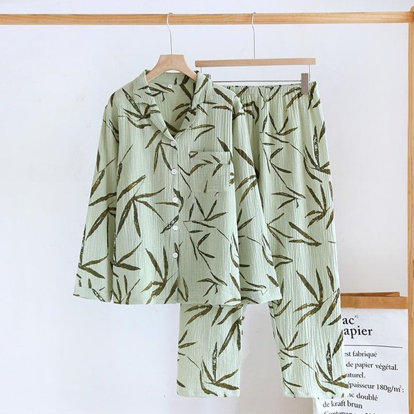 Nuevo Conjunto De Pijama De Primavera Y Verano Para Mujer 100% AlgodóN Crepé Fino Verde Mangas Largas Pantalones Conjunto De Dos Piezas XL Verde-image