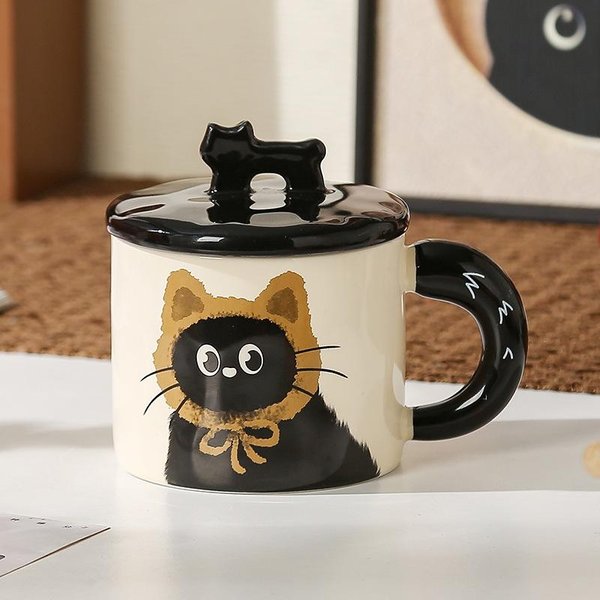 Taza De CeráMica Taza De Gato Lindo Con Tapa Taza De Agua De Alto Valor Para NiñAs Hogar Pareja Taza De Café Desayuno Para Hombres 301-400Ml-image
