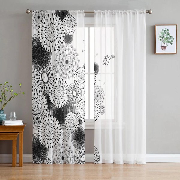 Cortinas Transparentes De Flores De Diente De LeóN En Blanco Y Negro Para DecoracióN De Sala De Estar, Cortinas De Ventana De Tul Voile Organza Para Cocina Dormitorio W135 X H115Cm X1&Rod Pocket-image