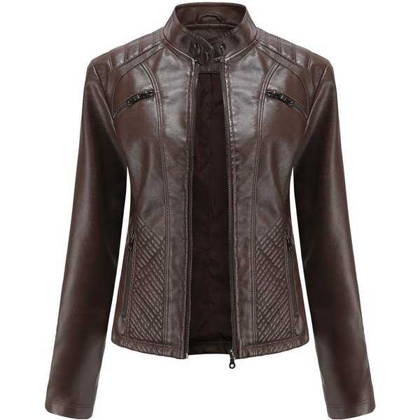 Chaqueta De Cuero Casual Para Mujer Chaqueta Con Cuello Alto Chaqueta Ajustada Chaqueta De Cuero De Color SóLido Para Primavera Y OtoñO Xxxl Gray-image