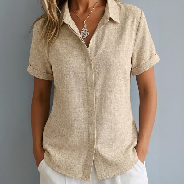 Camisa De Mujer De Aspecto Lino Manga Corta Casual Corte Holgado Botones Delanteros Cuello Abierto Blusa Ligera Top De Verano XXL Caqui-image