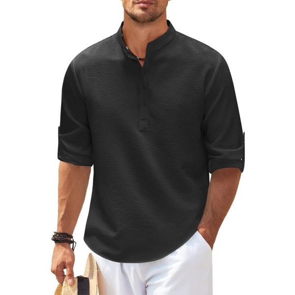 Camisas De Manga Larga De AlgodóN Y Lino Para Hombre, Primavera Y OtoñO, Color Liso, Cuello Alto, Estilo Playero Informal, Talla Grande M Black-image