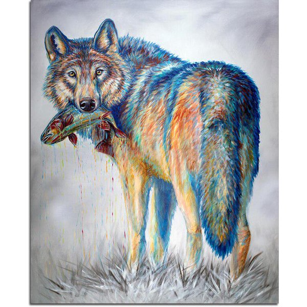 Un Lobo Mordiendo Un Pez Pintura De Diamantes 5D DIY Animal Lobo Bordado De Diamantes 20X30CM-image