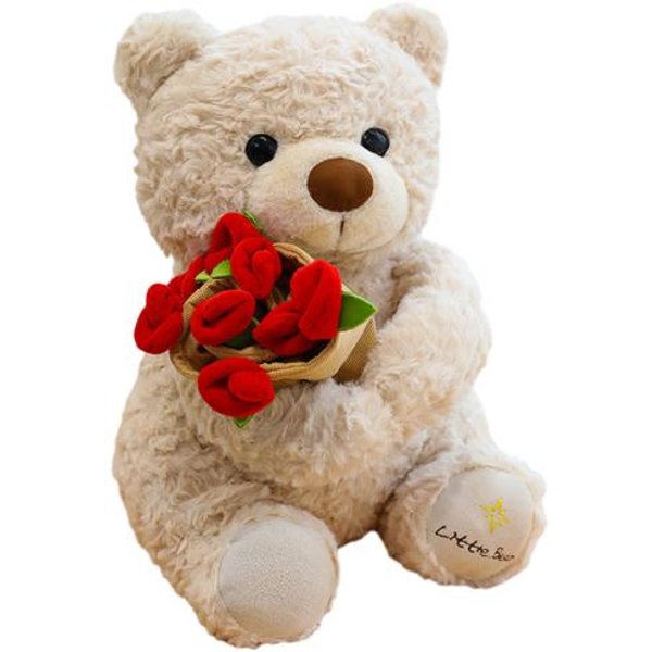 Oso De Rosas Peluche Lindo Oso De Peluche Con Ramo De Flores Animal De Peluche Suave Regalo Para El DíA De San ValentíN 38Cm Beige-image