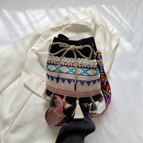 Bolso Cubo ÉTnico Feng Shui Para Mujer Nuevo Hecho A Mano Borla Trenzado Bolso Moda Retro Bolso De Hombro Bolso Bandolera Mujer Gray-image