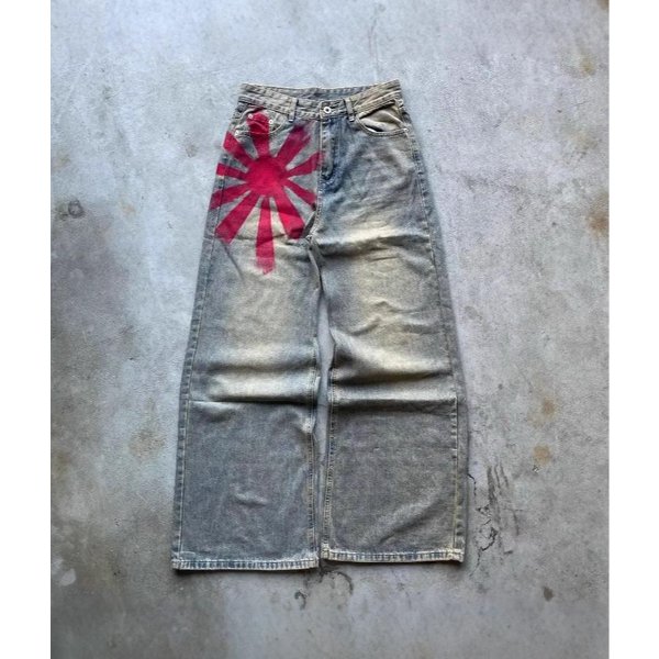 Unisex Y2K Vintage Estampado De Sol Mujer Hombre Vaqueros Harajuku Lavado Pierna Ancha Estilo Americano Pantalones Vaqueros Anchos Casual Streetwear S Azul-image