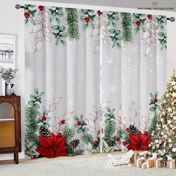 Cortinas Estampadas De Dibujos Animados, Papá Noel, MuñEco De Nieve, DecoracióN NavideñA, Dormitorio, Comedor, Sala De Estar, DecoracióN Para Fiestas, 2 Piezas W50X130H(Cm)X2Pcs&Rod Pocket-image