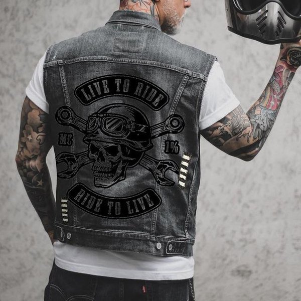 Punkowa Kamizelka Jeansowa Bez RęKawóW Z Nadrukiem Czaszki I WycięCiami Dla MężCzyzn Wiosna Jesień Uliczny Styl Motocyklowy Codzienna Kamizelka Xxxxl Czarny-image