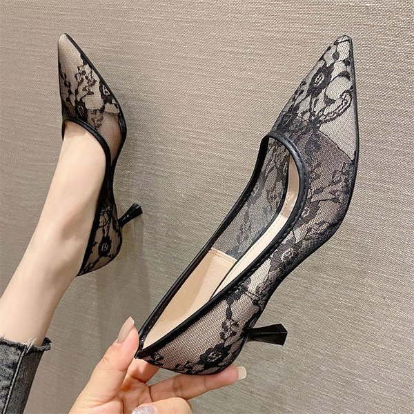 Seksowne Temperamentne Szpiczaste Cienkie Obcasy Buty Damskie Moda Siatka Bankietowe Damskie Buty Francuskie Koronkowe Wysokie Obcasy 34 Black-image