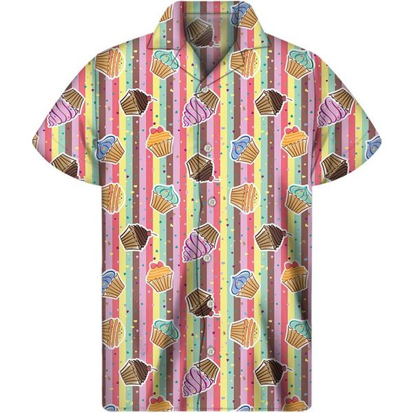 Camisas Hawaianas Con GráFico De Cupcake De Dibujos Animados Para Hombre Camisa De Solapa De Comida Verano Calle Suelta Camisetas BotóN Manga Corta Blusa XL Beige-image