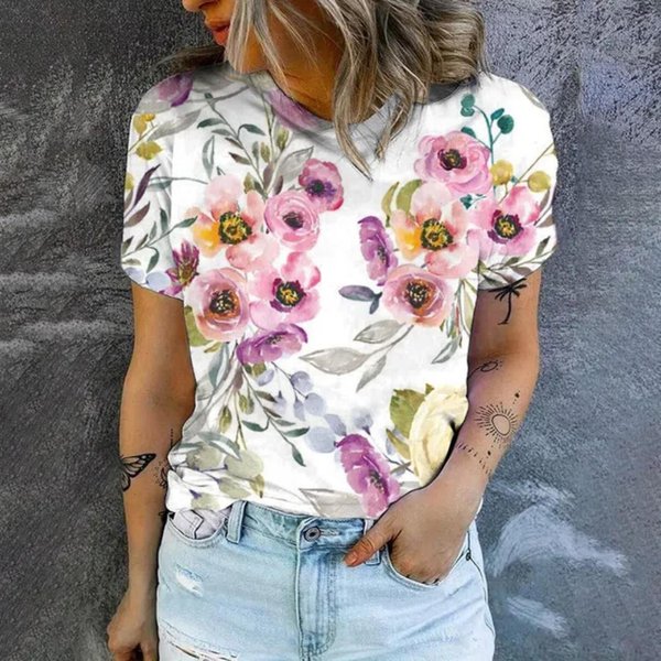 Camiseta De Verano Con Estampado 3D Para Mujer, Estilo Retro Con Estampado Floral, Elegante, De Manga Corta 6XL Gray-image