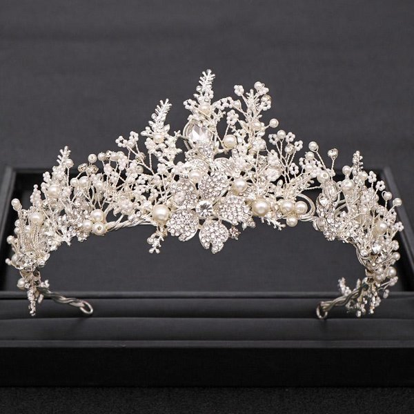 Corona De Boda De Moda Hecha A Mano Barroca Dorada Perla PedreríA Cristal Corona Accesorios Para El Cabello De Boda Corona Corona De Boda Nupcial-image