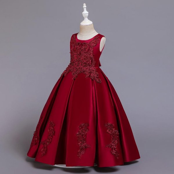 Vestido Largo De Alta Gama Para NiñA, Vestido De Encaje Con UñAs Y Cuentas, Vestido De Princesa Para Banquete, Vestido De Presentadora 150Cm Rojo Vino-image