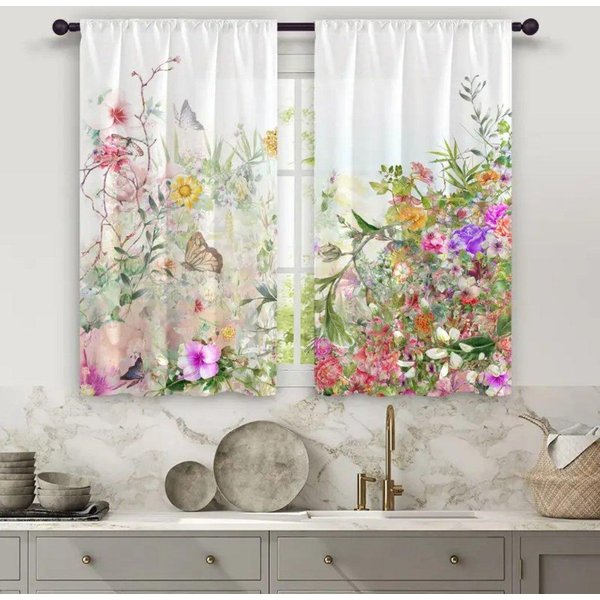 2 Piezas Cortinas Con Estampado Floral, Cortinas De Bolsillo Para Barra, Tratamientos De Ventana Para Dormitorio Sala De Estar, DecoracióN Del Hogar, DecoracióN De La HabitacióN 50W160H(Cm)X2Panel&Grommet Top-image