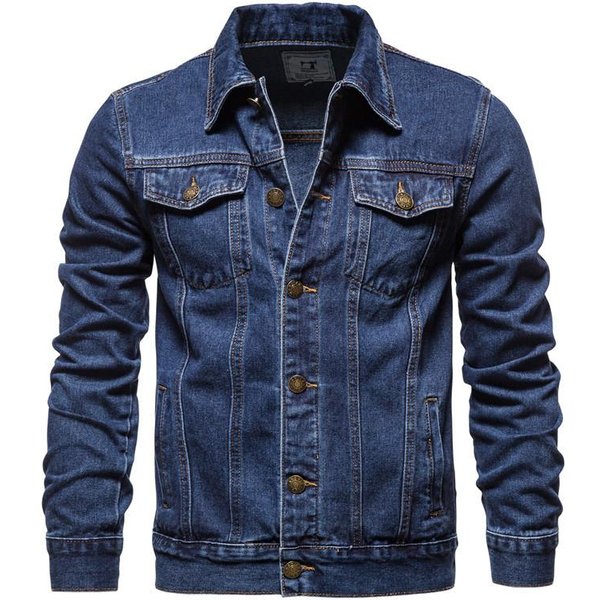 Nowa Wiosna Jesień Proste Nowe MęSkie Kurtki DżInsowe Moda Codzienna Slim Fit Jean Kurtka DżInsowa Patchwork Zipper Odzież MęSka 2XL Kolor Ciemny Niebieski-image