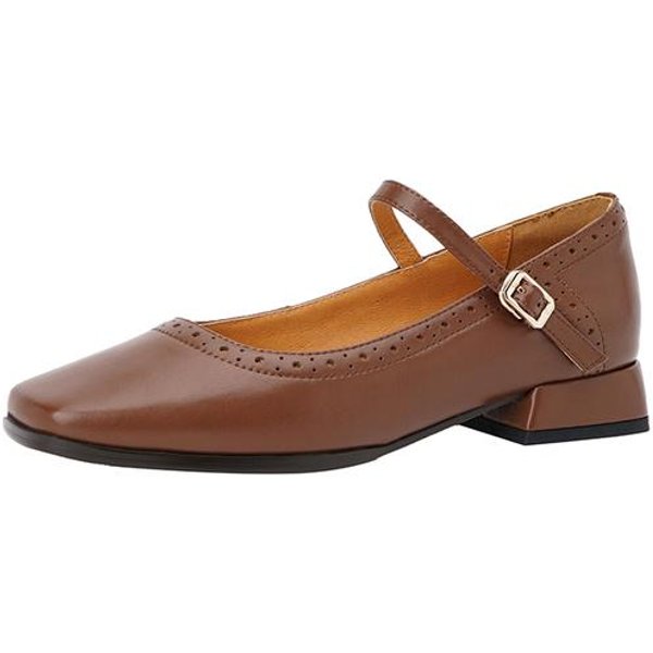 Nuevos Zapatos Mary Jane De Piel AutéNtica Para Mujer, Zapatos De TacóN Bajo Con Hebilla Y Punta Cuadrada, Zapatos De Mujer Con TacóN Grueso 35 MarróN-image