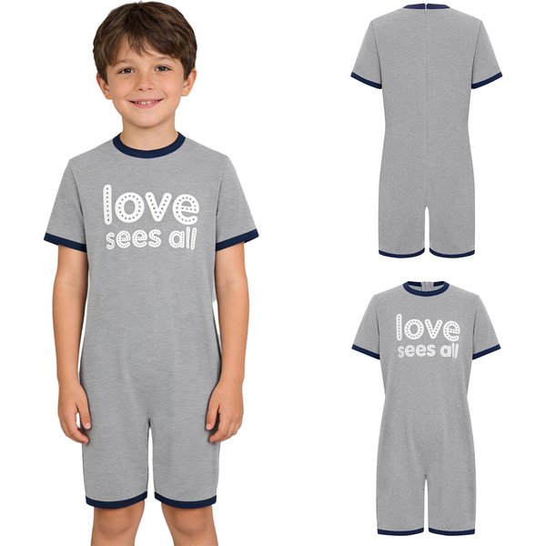 Mono Adaptativo Para NiñOs Con Necesidades Especiales Antidesgarro Trasero Cremallera Invisible Manga Corta Estampado De Letras Ribete De Contraste Mono Para NiñOs NiñAs 9-10 Years Gris-image