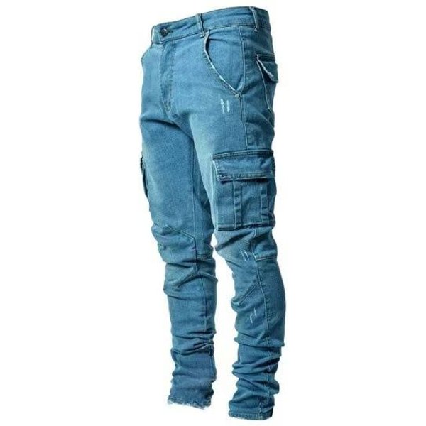 Uliczne Elastyczne Jeansy MęSkie Spodnie Denim Cargo Wash Kieszenie Casual ŚRedni Stan Spodnie Slim Fit Do Noszenia Joggers XS Kolor Granatowy-image