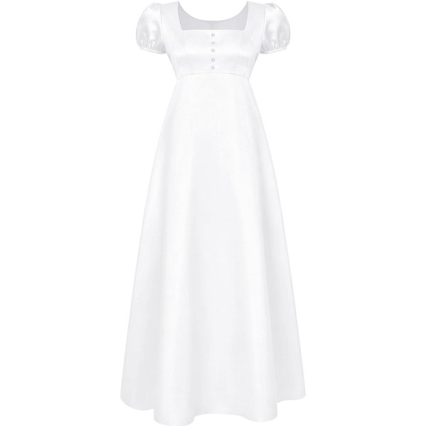 Vestido Maxi Retro Estilo Regencia Para Mujer Cuello Cuadrado DecoracióN De Perlas Artificiales Manga Abullonada SatéN Vestido Largo S Blanco-image