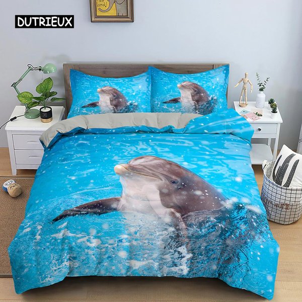 Poszewka Na KołDrę Delfin Design 3D Komplet PośCieli ChłOpcy Dziewczynki DorośLi Poszewka Na KołDrę Rozmiar Queen Rozmiar King UżYtek Domowy Tekstylia ŻYcie Morskie Poliester EU Single(135X200Cm)-image