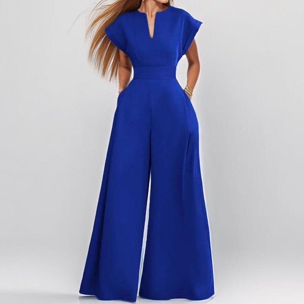 Primavera Ropa Nueva Para Mujer Elegante Y Elegante Color SóLido Cintura Alta Cuello En V Mono De Pierna Ancha S Azul-image