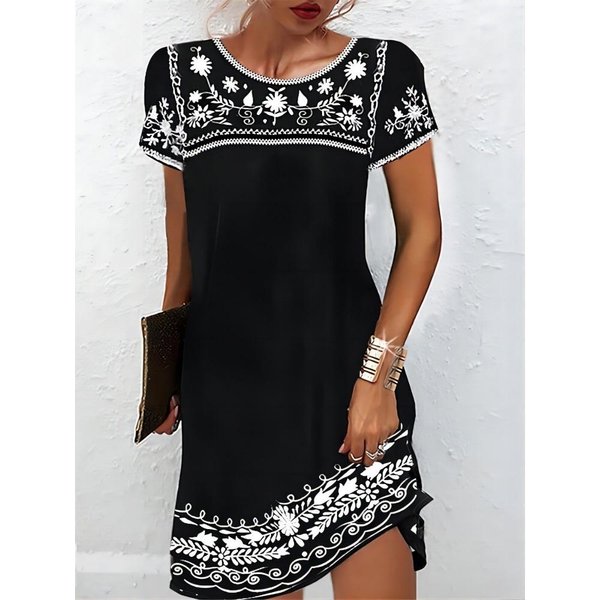 Elegancka Damska Mini Sukienka Kwiatowa Letnia KróTki RęKaw Uliczna Damska Sukienka Z Nadrukiem 3D DużY Rozmiar Codzienna Sukienka 3XL Black-image