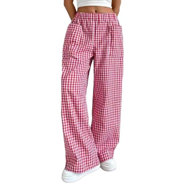 Pantalones De Mujer Cintura EláStica Tiro Medio Pierna Ancha Pantalones Largos Con Bolsillos Estampado De Cuadros Pantalones Casuales CóModos S Rojo-image