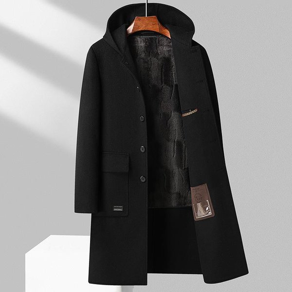 Abrigo Largo De Lana Con Capucha De Doble Cara Para OtoñO E Invierno Forro De Terciopelo Dorado Abrigo De Mezclilla Cortavientos Abrigo De Mezclilla Para Hombre M Black-image