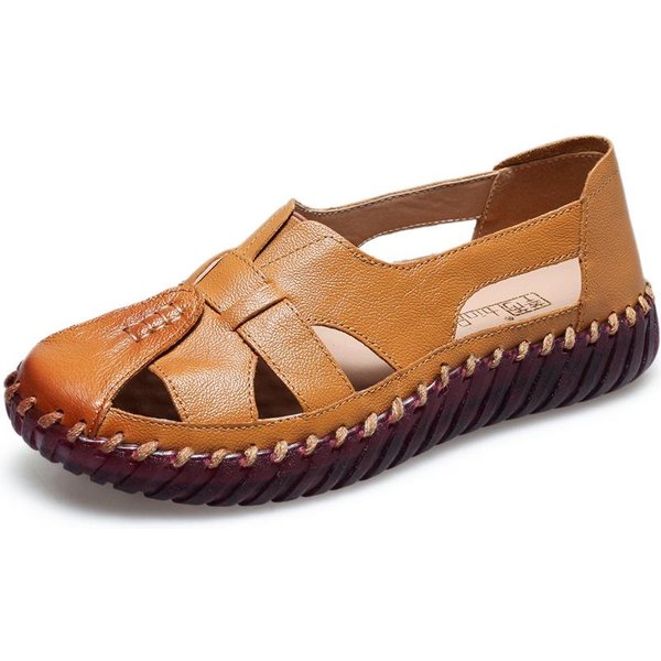 Sandalias Cerradas Para Mujer De Piel Genuina – Planas CóModas Antideslizantes Para Madres De Mediana Edad Y Mayores, Estilo Verano 37 Amarillo-image