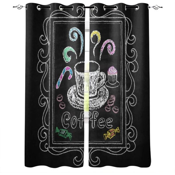 2 Paneles Texto Café Graffiti Fondo Negro Cortina Para Ventana De Cocina Para Sala De Estar Dormitorio DecoracióN Del Hogar Cocina Para Cortinas De Ventana 2X50Wx50H(Cm)&Grommet Top-image