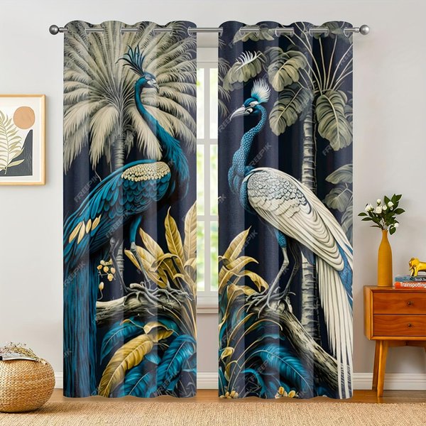 2 Piezas Cortina Con Estampado De Pavo Real Vintage Cortinas Decorativas Para Cocina, Dormitorio, Sala De Estar Semicortinas Opacas Cortina Corta Para Ventana 100W130H(Cm)40X51In&Rod Pocket-image