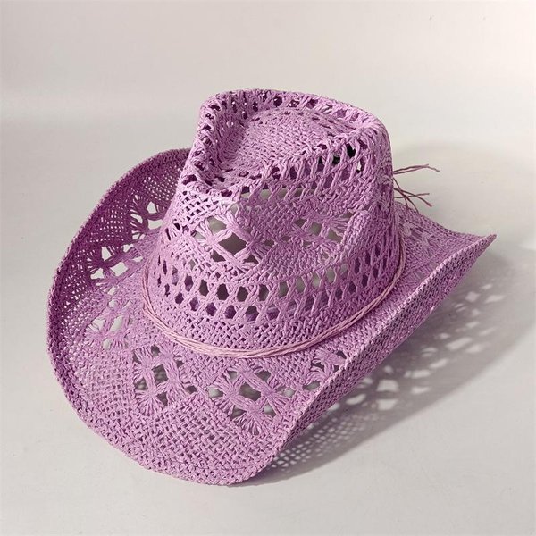 Sombrero De Vaquero Occidental De Paja Para Mujeres Hombres CláSico Vintage Calado Unisex Ala Ancha Rizada Sombrero De Sol Sombrero De Pesca Gorra De Escalada 55-58CM Pink-image