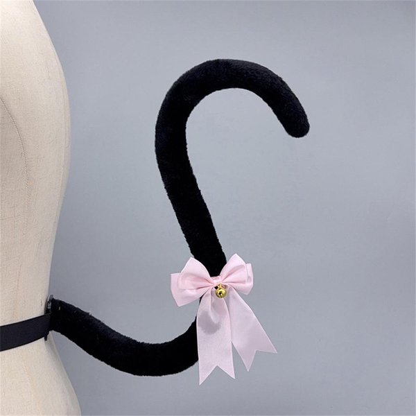 8 KoloróW Lolita Kc Puszysty Ogon Kota Z Kokardką Dzwoneczkiem RęCznie Robiony Uroczy Pluszowy Kot DłUgi Ogon Anime Role Play Cosplay Kostium Akcesoria About 75CM-image