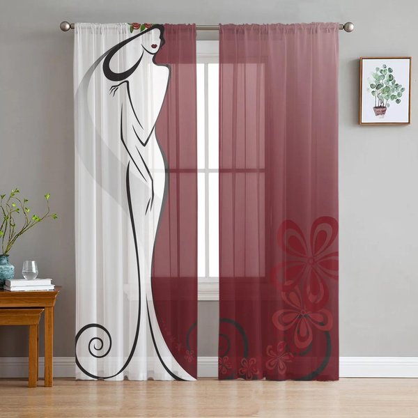 Cortinas Transparentes De Gasa Blanca Con DiseñO De Rosas Rojas Y Flores Para Sala De Estar, Dormitorio, DecoracióN Del Hogar, Cortinas De Tul W135 X H115Cm X1&Grommet Top-image