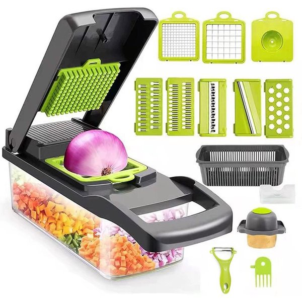 Picador De Verduras Multifuncional 16 En 1 Picador De Cebolla Mango Rallador De Alimentos Picador De Alimentos Utensilios De Cocina Rebanador De Verduras Cortador Black-image