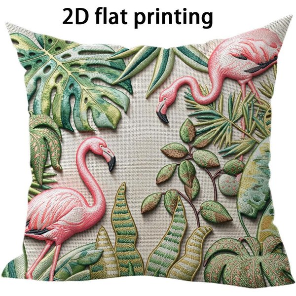 Funda De Almohada Con Estampado De Flamenco Y Planta Verde Impresa A Doble Cara Felpa Corta Adecuada Para Salas De Estar Dormitorios CojíN Decorativo 35X35Cm-image