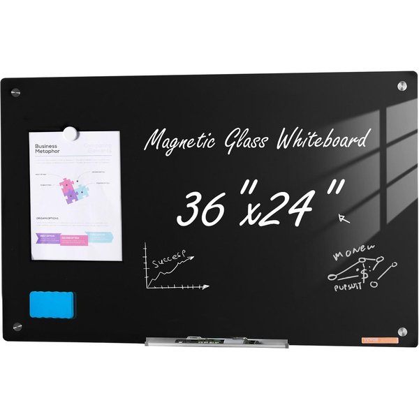 Magnetyczna Szklana Tablica BiałA, Tablica SuchośCieralna 36 X24 , DużA Szklana Tablica BiałA Montowana Na ŚCianę Bezramowa, Z PółKą Na Markery, GąBką I 2 Markerami, Czarna-image