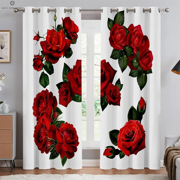 Cortina RomáNtica Roja Rosa Con Estampado Retro, Cortina Con Bolsillo Para Barra, Dormitorio, Sala De Estar, Cocina, Decorativa Para Exterior, 2 Piezas W50Xh130(Cm)X2Pcs&Grommet Top-image