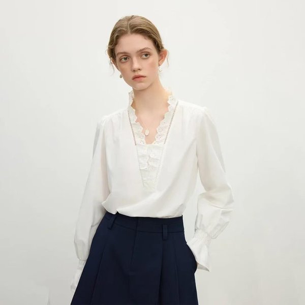 Temperamento FrancéS Encaje Encaje Camiseta Con Cuello En V Para Mujer Primavera Suelta Jersey Top 2XL Blanco-image